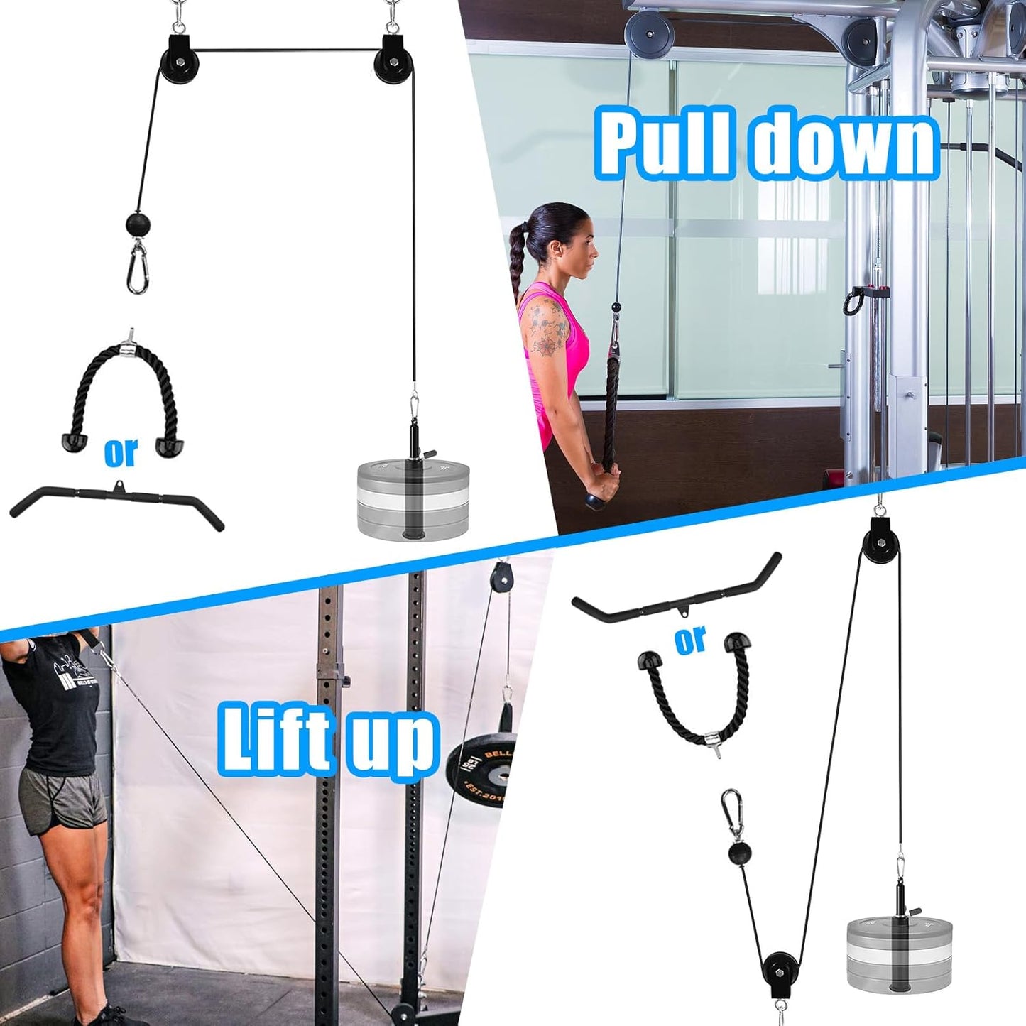 Fitness Cable Pulley System, Gym LAT and Lift Pulldown Machine Attachments